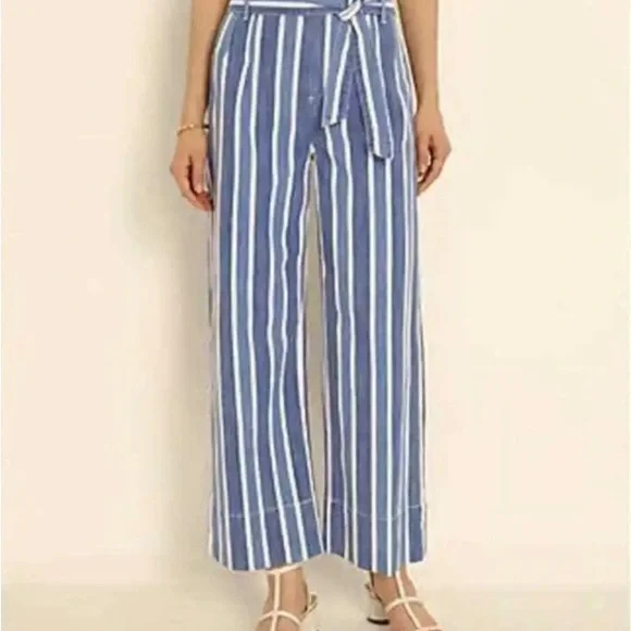 Ann Taylor High-Rise Wide Leg Denim Ankle Pants Stripe Blue White Waist Tie Sz 6 - Picture 1 of 16